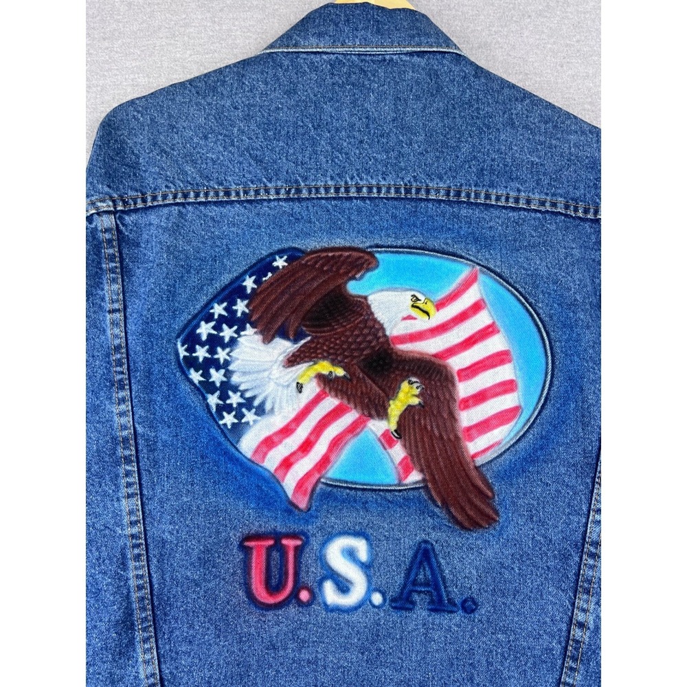 Vintage USA Union Made Denim Trucker Jacket Eagle American Flag Medium Wash M